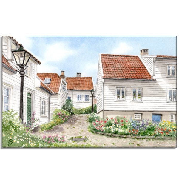 Stretcher frame canvas 30 x 20 cm linen  watercolor art print Norway Norge Gamle Stavanger - NO20