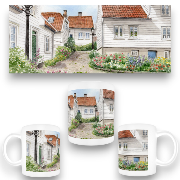 Tasse Becher Kaffeebecher  Aquarell Kunst Druck Kunstdruck Norwegen Norge Norway Gamle Stavanger - NO20