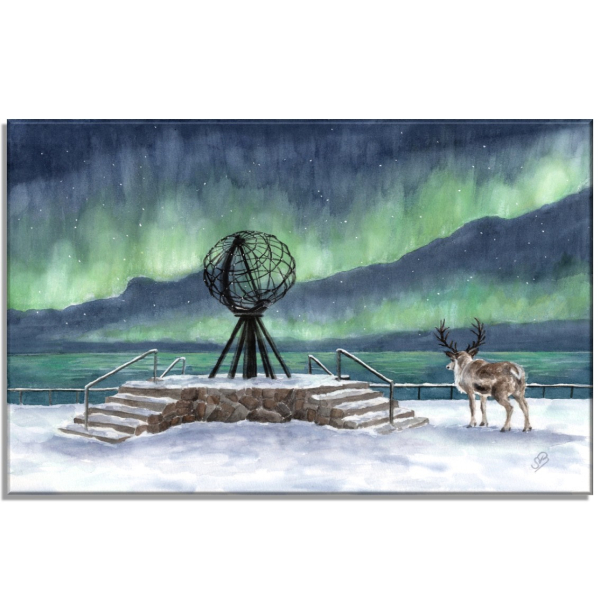 Stretcher frame canvas 40 x 30 cm Watercolor Art Print Norway Norge Norway Nordkapp North Cape Globe Northern Lights