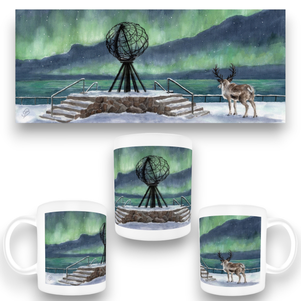 Cup Coffee Cup Mug  Watercolor Art Print Norway Norge Norway Nordkapp North Cape Globe Northern Lights