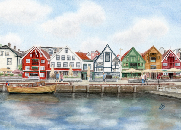 Postkarte DIN-A6 Aquarell Kunst Druck Kunstdruck Norwegen Norge Norway  - bunte Häuser Hafen  Stavanger
