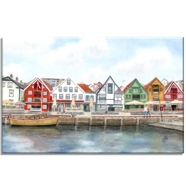 Leinwand 40 x 30 cm Keilrahmen Canvas-Leinen Aquarell Kunst Druck Kunstdruck Norwegen Norge Norway bunte Häuser Hafen  Stavanger