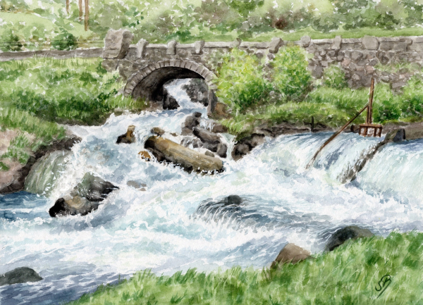 Postcard DIN-A5 watercolor art print Norway Norge Geiranger Fjord River with waterfall