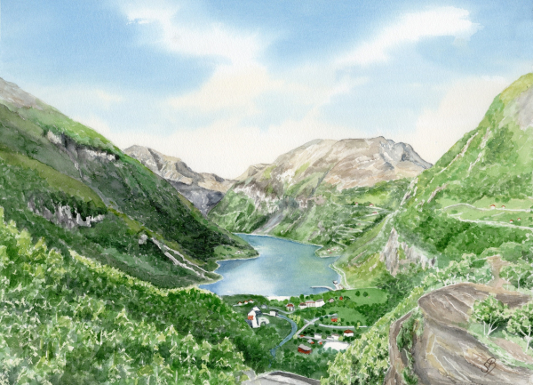 Poster DIN-A3 Aquarell Kunst Druck Kunstdruck Norwegen Norge Norway Geiranger Fjord