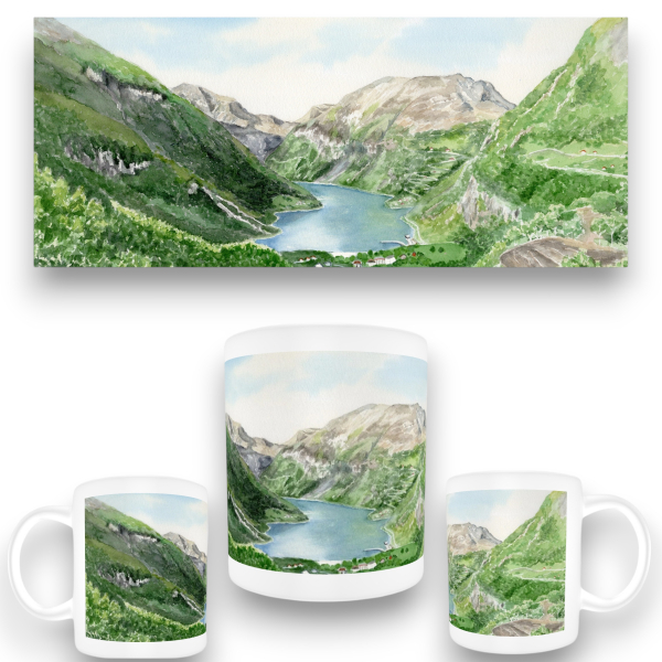 Tasse Becher Kaffeebecher  Aquarell Kunst Druck Kunstdruck Norwegen Norge Norway Geiranger Fjord