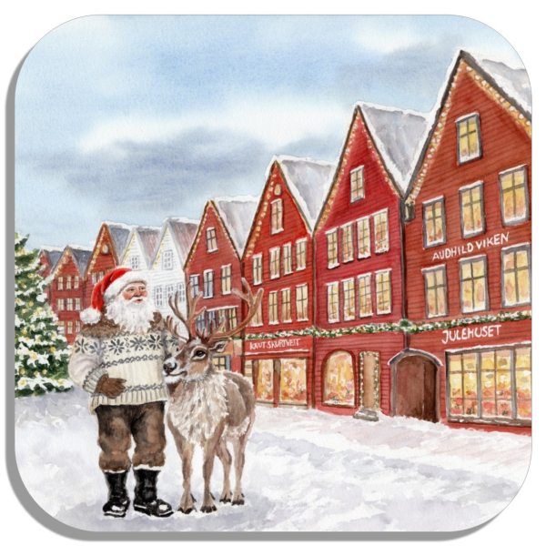 Coasters glass coasters 9,5 x  9,5 cm watercolor art print Norway Norge Bergen Bryggen - Julehuset - Christmas