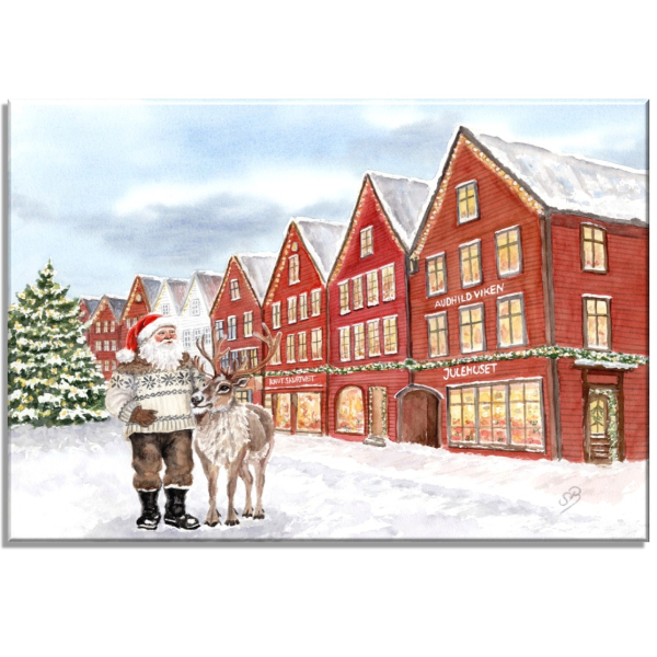 Stretcher frame canvas 40 x 30 cm watercolor art print Norway Norge Bergen Bryggen - Julehuset - Christmas