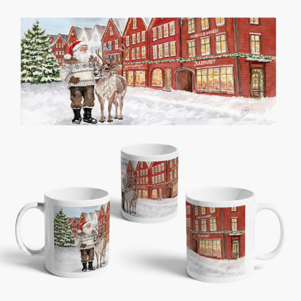 Cup Coffee Cup Mug watercolor art print Norway Norge Bergen Bryggen - Julehuset - Christmas