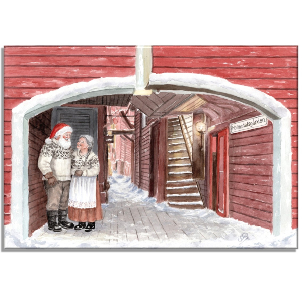 Stretcher frame canvas 30 x 20 cm linen  watercolor art print Norway Norge Bergen Bryggen - Julehuset - Christmas