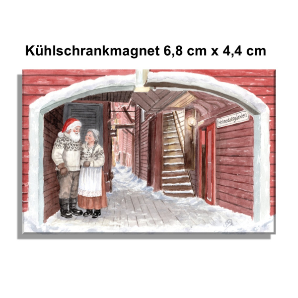 Fridge magnet watercolor art print Norway Norge Bergen Bryggen - Julehuset - Christmas