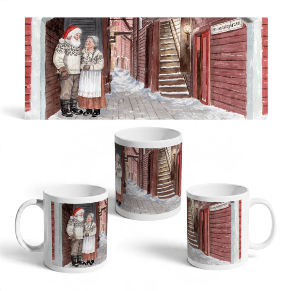 Cup Coffee Cup Mug watercolor art print Norway Norge Bergen Bryggen - Julehuset - Christmas