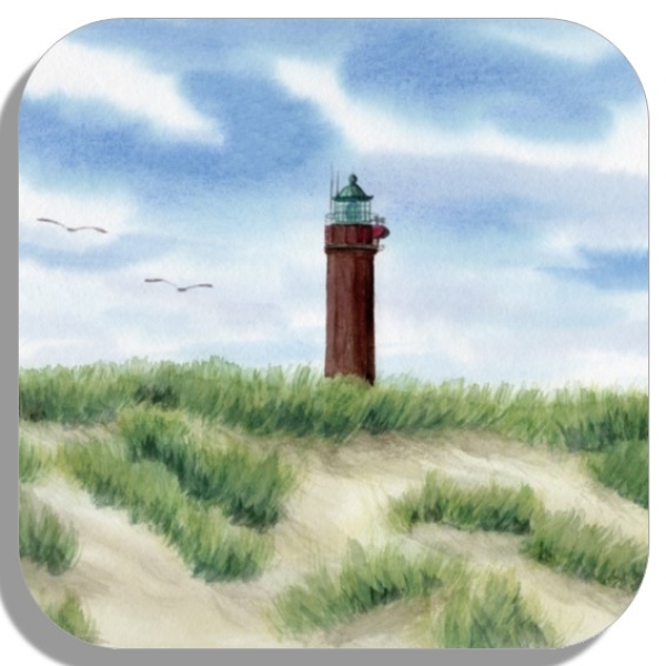 Untersetzer Glasuntersetzer 9,5 x 9,5 cm Aquarell Maritim Kunst Druck Kunstdruck Nordsee Norderney Leuchtturm Insel Strand Düne