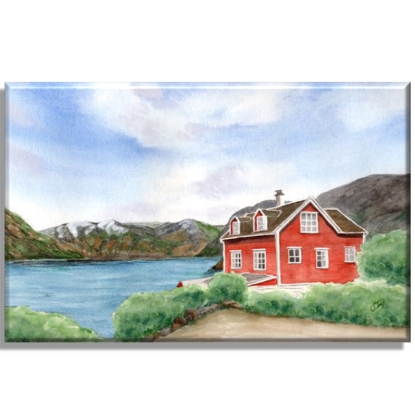 Leinwand 30 x 20 cm Keilrahmen Canvas-Leinen Aquarell Kunst Druck Kunstdruck Norwegen Norge Norway Eisfjord Fjord Gletscher Haus am Fjord