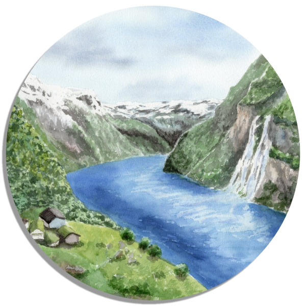 Coasters glass coasters 9,5 x  9,5 cm watercolor art print Norway Norge Geiranger Fjord - The Seven Sisters - Waterfall - NO30