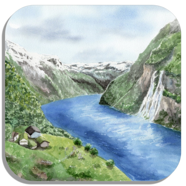Coasters glass coasters 9,5 x  9,5 cm watercolor art print Norway Norge Geiranger Fjord - The Seven Sisters - Waterfall - NO30
