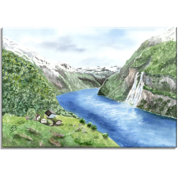 Stretcher frame canvas 30 x 20 cm linen  watercolor art print Norway Norge Geiranger Fjord - The Seven Sisters - Waterfall - NO30