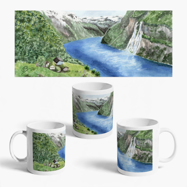 Cup Coffee Cup Mug watercolor art print Norway Norge Geiranger Fjord - The Seven Sisters - Waterfall - NO30