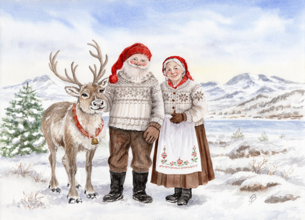 Postkarte DIN-A5 Aquarell Kunst Druck Kunstdruck Norwegen Norge Norway Weihnachten Weihnachtsmann Julenissen - NO32