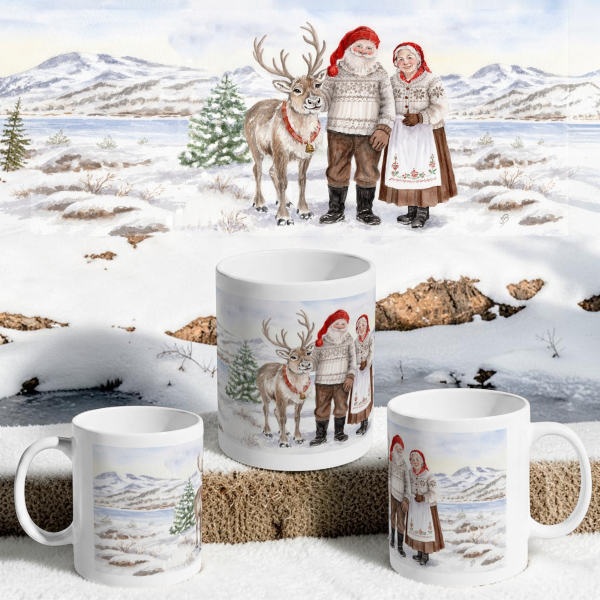 Tasse Becher Kaffeebecher  Aquarell Kunst Druck Kunstdruck Norwegen Norge Norway Weihnachten Weihnachtsmann Julenissen - NO32