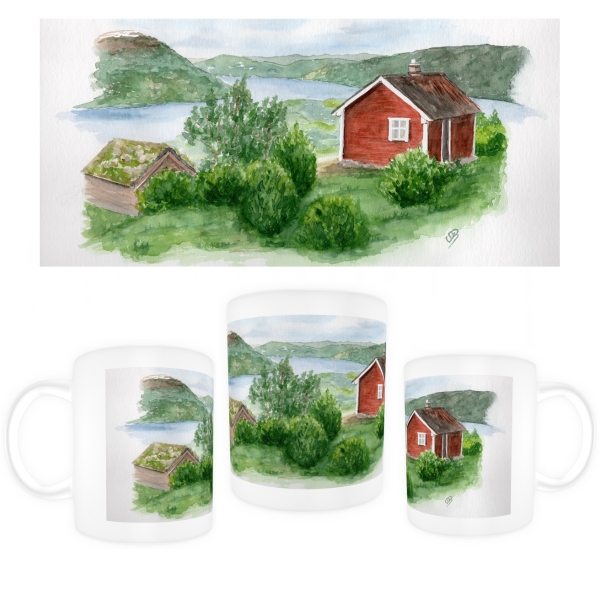 Tasse Becher Kaffeebecher  Aquarell Kunst Druck Kunstdruck Norwegen Norge Norway Eisfjord Fjord Gletscher Haus am Fjord