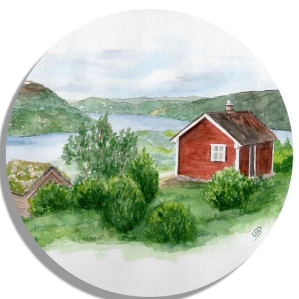 Untersetzer Glasuntersetzer rund 9,5 cm Aquarell Kunst Druck Kunstdruck Norwegen Norge Norway Eisfjord Fjord Gletscher Haus am Fjord