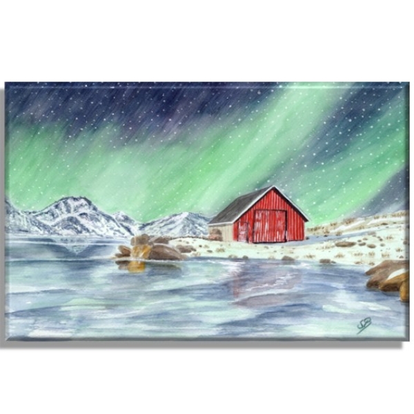 Leinwand 30 x 20 cm Keilrahmen Canvas-Leinen Aquarell Kunst Druck Kunstdruck Norwegen Norge Norway Eisfjord Fjord Gletscher Haus am Fjord Polarlichter