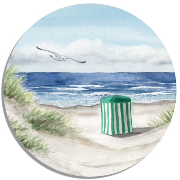 Untersetzer Glasuntersetzer rund 9,5 cm  Aquarell Kunst Druck Kunstdruck - Strandzelt Meer Strand Düne Möwe - Norderney Borkum