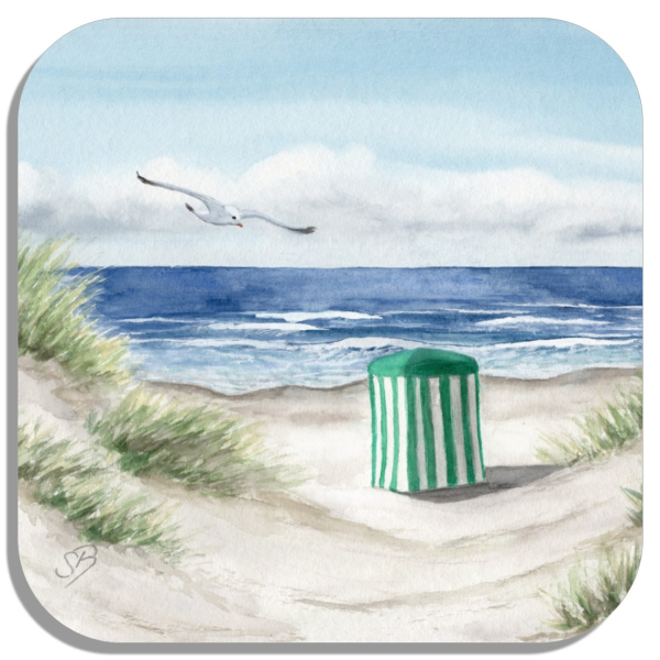 Untersetzer Glasuntersetzer 9,5 x 9,5 cm quarell Kunst Druck Kunstdruck - Strandzelt Meer Strand Düne Möwe - Norderney Borkum