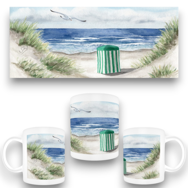 Tasse Becher Kaffeebecher Aquarell Kunst Druck Kunstdruck - Strandzelt Meer Strand Düne Möwe - Norderney Borkum