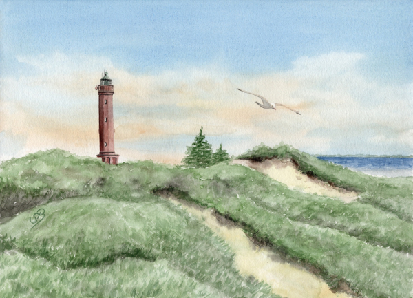 Postkarte DIN-A5 Aquarell Maritim Kunst Druck Kunstdruck Nordsee Norderney Leuchtturm Insel Strand