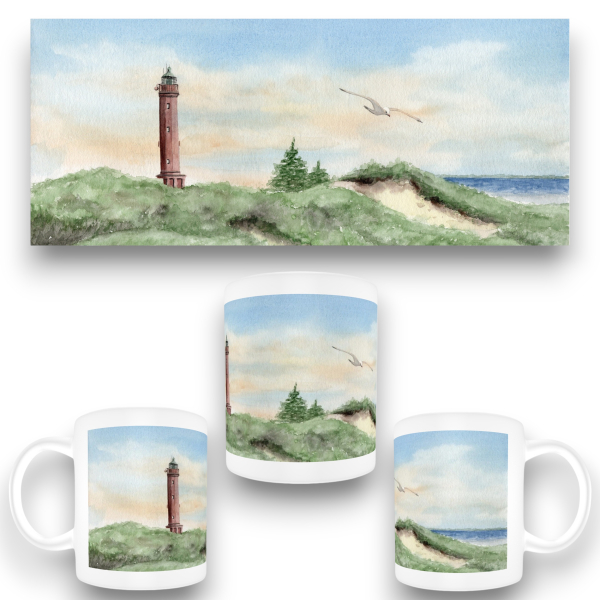 Tasse Becher Kaffeebecher Aquarell Maritim Kunst Druck Kunstdruck Nordsee Norderney  Leuchtturm Insel Strand