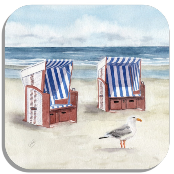 Untersetzer Glasuntersetzer 9,5 x 9,5 cm quarell Kunst Druck Kunstdruck - Strandkorb Meer Strand  Möwe- Norderney Borkum
