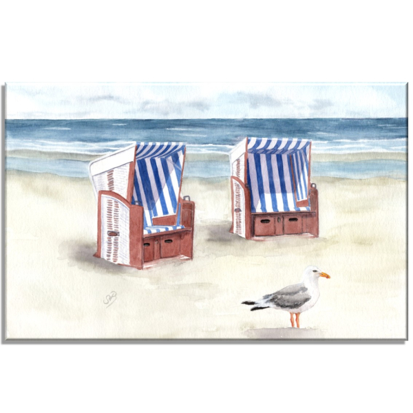 Leinwand 30 x 20 cm Keilrahmen Canvas-Leinen  Aquarell Kunst Druck Kunstdruck Strandkorb Meer Strand  Möwe - Norderney Borkum