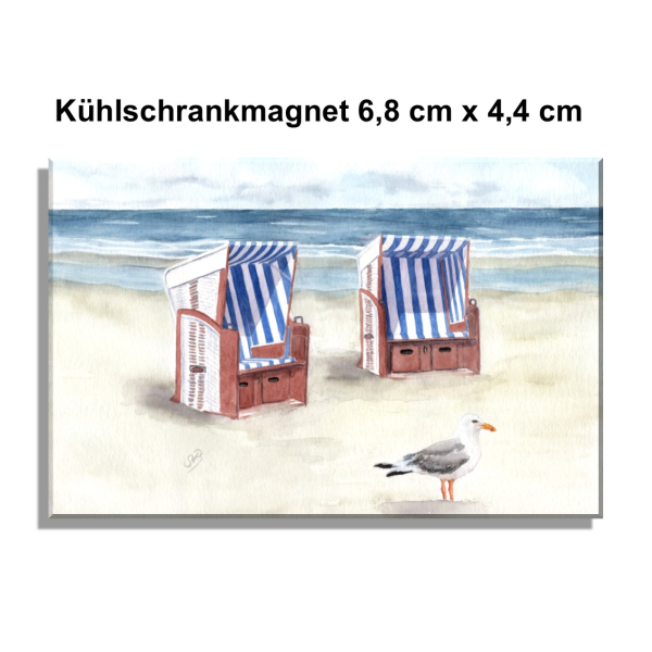 Kühlschrankmagnet Aquarell Kunst Druck Kunstdruck Strandkorb Meer Strand  Möwe - Norderney Borkum