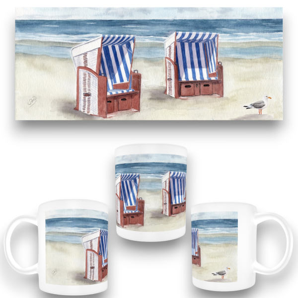 Tasse Becher Kaffeebecher Aquarell Kunst Druck Kunstdruck - Strandkorb Meer Strand  Möwe - Norderney Borkum