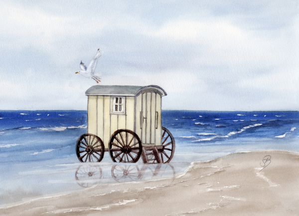 Poster DIN-A3 Aquarell Maritim Kunst Druck Kunstdruck Nordsee Norderney Badekarren Insel Strand Düne