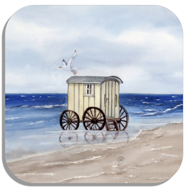 Untersetzer Glasuntersetzer 9,5 x 9,5 cm Aquarell Maritim Kunst Druck Kunstdruck Nordsee Norderney Badekarren Insel Strand Düne