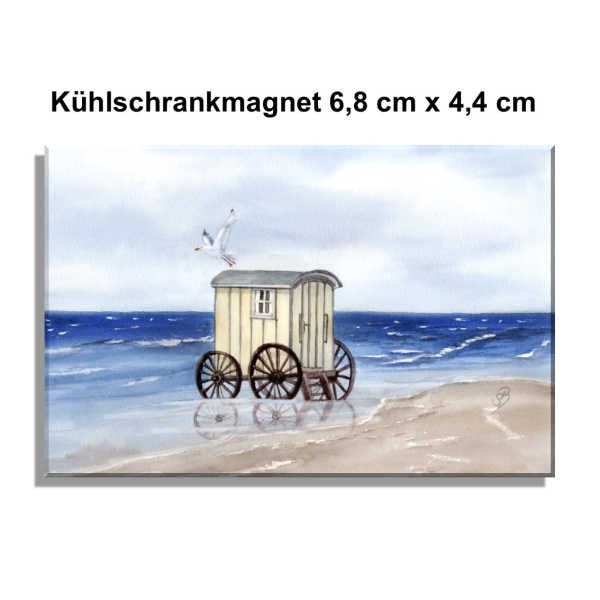 Kühlschrankmagnet   Aquarell Maritim Kunst Druck Kunstdruck Nordsee Norderney Badekarren Insel Strand Düne