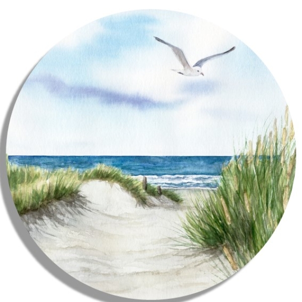 Untersetzer Glasuntersetzer rund 9,5 cm Strandweg Aquarell Maritim Kunst Druck Kunstdruck Dänemark Nordsee Ostsee Dünen Meer Strand Sylt