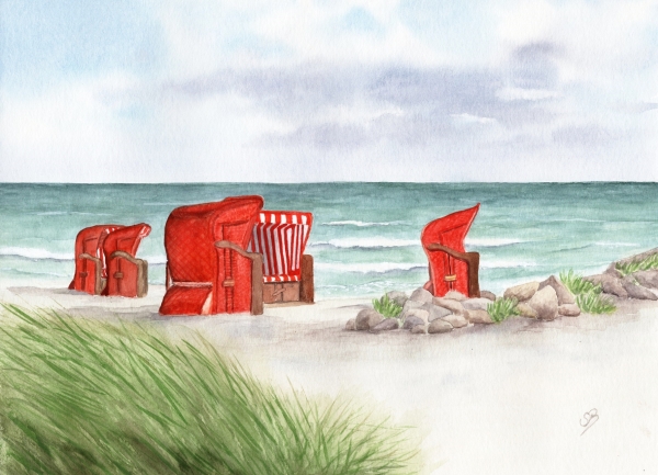 Postkarte DIN-A5 Aquarell Kunst Maritim Druck Kunstdruck Strandkörbe rot am Meer Ostsee Meer Strand Dünen