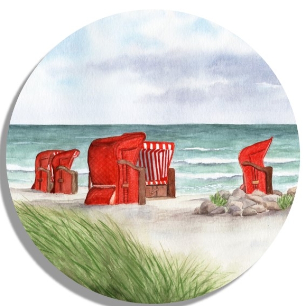 Untersetzer Glasuntersetzer rund 9,5 cm  Aquarell Kunst Maritim Druck Kunstdruck Strandkörbe rot am Meer Ostsee Meer Strand Dünen