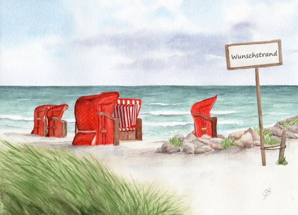 Folienmagnet Aquarell Kunst Maritim Druck Kunstdruck Strandkörbe rot am Meer - OA3 Ostsee Meer Strand Dünen