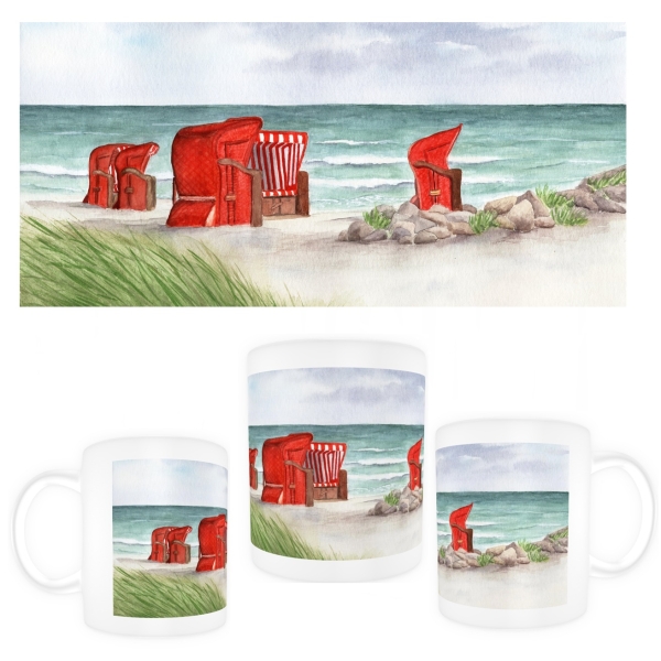 Tasse Becher Kaffeebecher Aquarell Kunst Maritim Druck Kunstdruck Strandkörbe rot am Meer Ostsee Meer Strand Dünen
