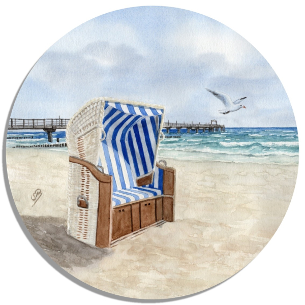 Coasters glass coasters 9,5 x  9,5 cm Watercolor Maritime Art Print Baltic Sea - Seagull Pier