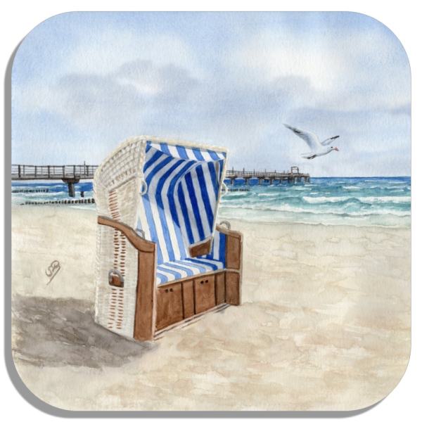 Coasters glass coasters 9,5 x  9,5 cm Watercolor Maritime Art Print Baltic Sea - Seagull Pier