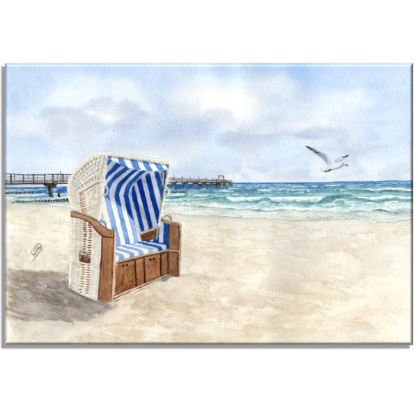 Stretcher frame canvas 40 x 30 cm Watercolor Maritime Art Print Baltic Sea - Seagull Pier