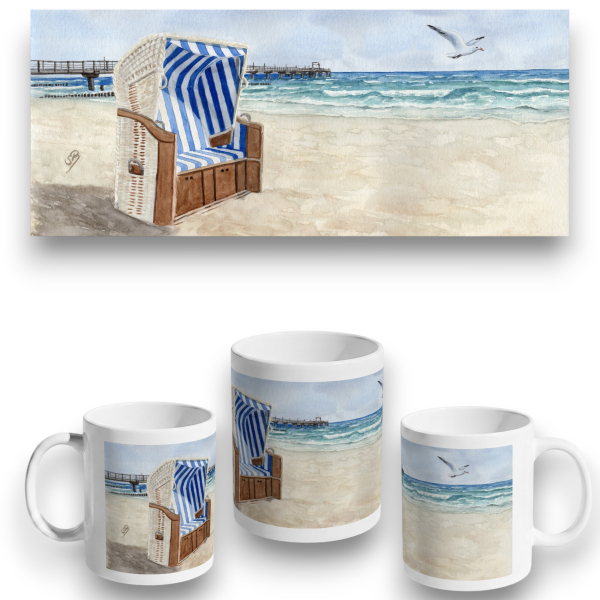 Cup Coffee Cup Mug  Watercolor Maritime Art Print Baltic Sea - Seagull Pier