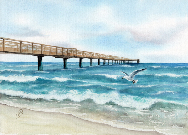Folienmagnet Aquarell Maritim Kunst Druck Kunstdruck Ostsee Seebrücke  Möwe
