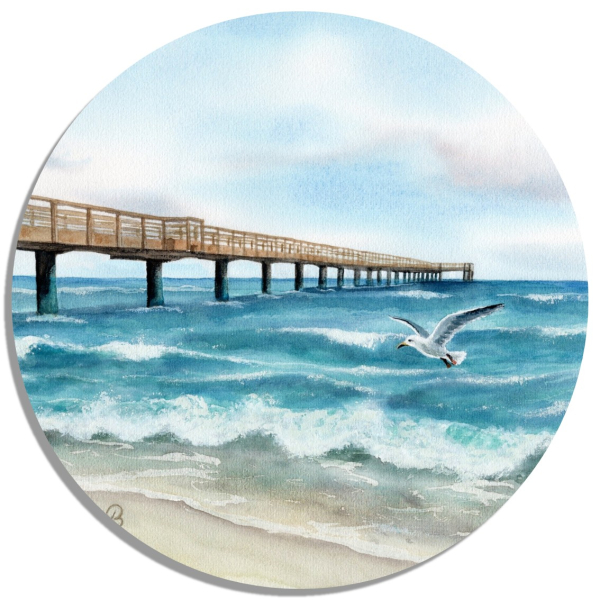 Untersetzer Glasuntersetzer rund 9,5 cm Aquarell Maritim Kunst Druck Kunstdruck Ostsee - Seebrücke  Möwe