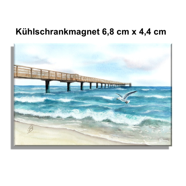 Kühlschrankmagnet  Aquarell Maritim Kunst Druck Kunstdruck Ostsee - Seebrücke  Möwe